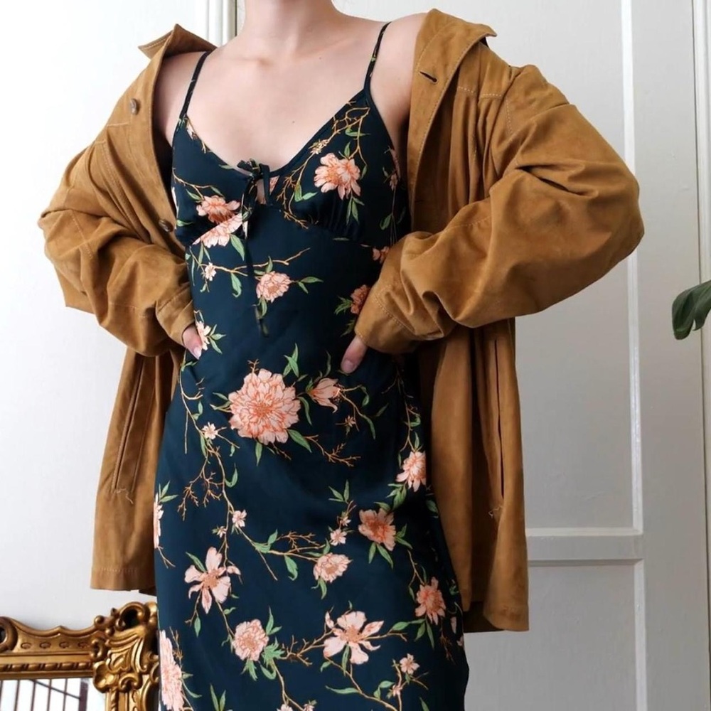 Urban Outfitters Dark Green Midi Slip Dress with Peach Floral Print - Picture 2 of 5